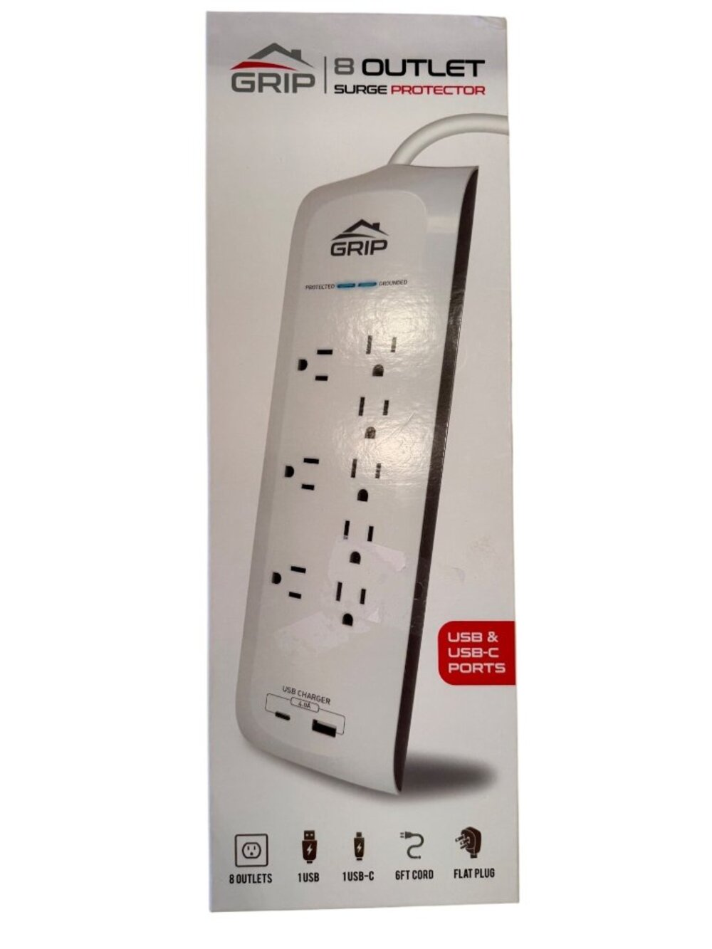 Grip 8 Outlet Surge Protector USB-C USB Charging Ports NWB 8 Outlets